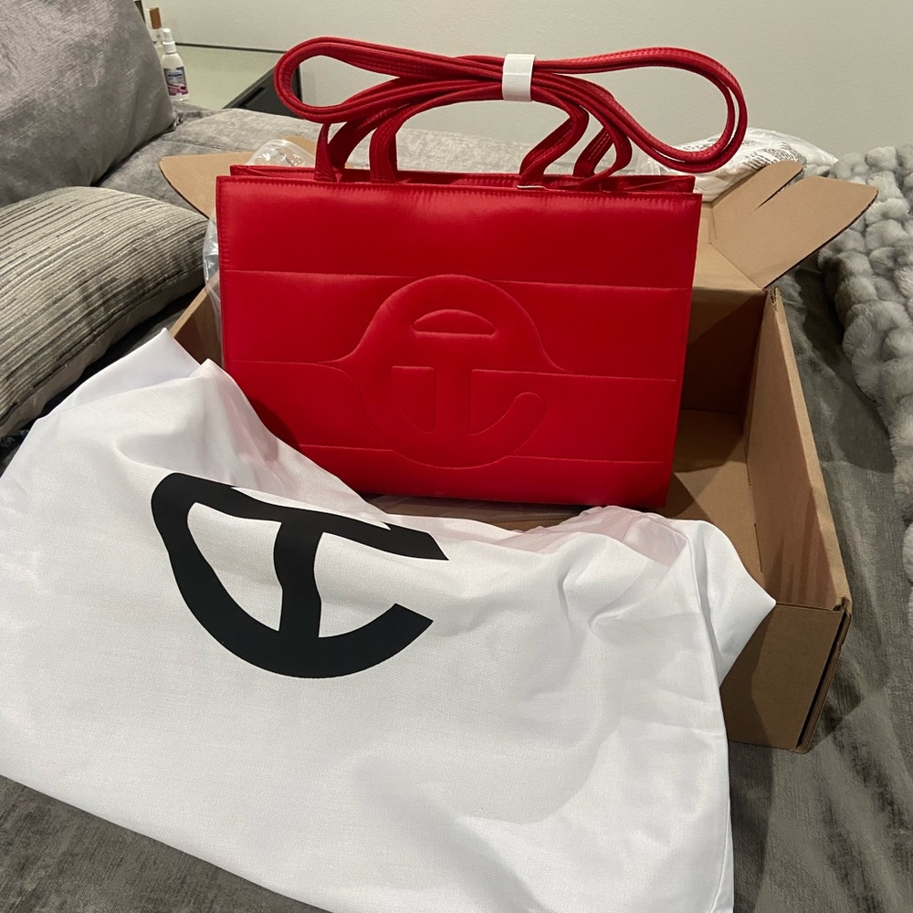TELFAR • medium red puffer shopping tote bag